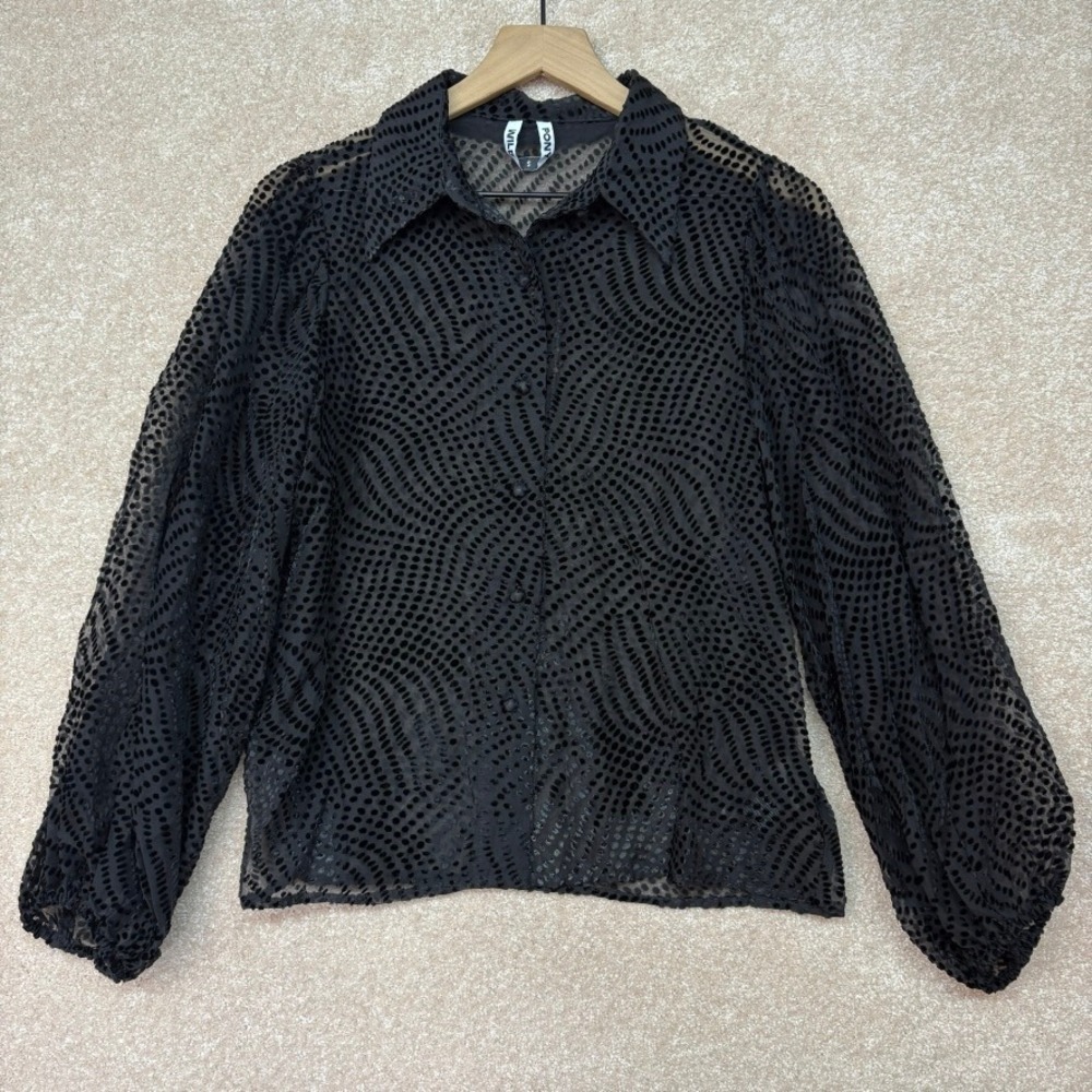 WILD PONY Blouse Size Small Black Velvet Burnout Sheer Button Up‎ Top Shirt